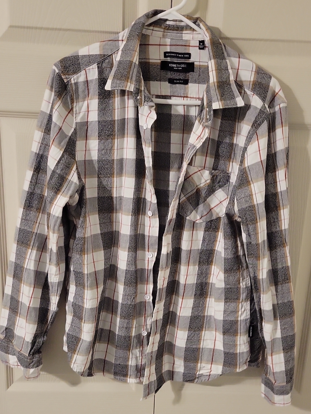 Kenneth Cole Gray, White and Black Plaid Button-Down Shirt